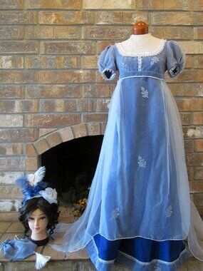 REGENCY BALL GOWN, S-M, BLUE w GOSSAMER OVERSKIRT, HEADPIECE, RETICULE HAND MADE